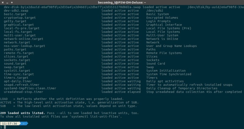 Η λίστα των ενεργών μονάδων ως output της εντολής systemctl list-units