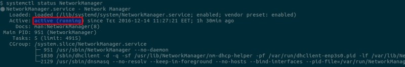 H κατάσταση της υπηρεσίας NetworkManager (ενεργή)