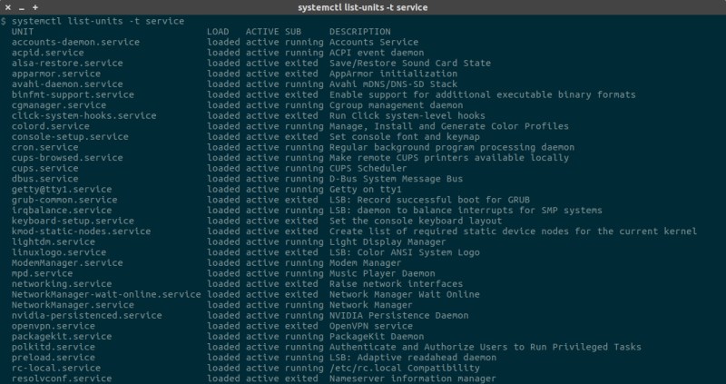 Λίστα των ενεργών υπηρεσιών(services)