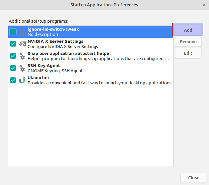 startup applications preferences