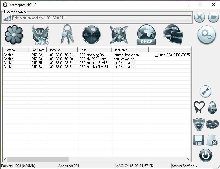 Packet Sniffer για Windows: Υποκλοπή δεδομένων τοπικού δικτύου - Intercepter-NG cookies που έχουν υποκλαπεί