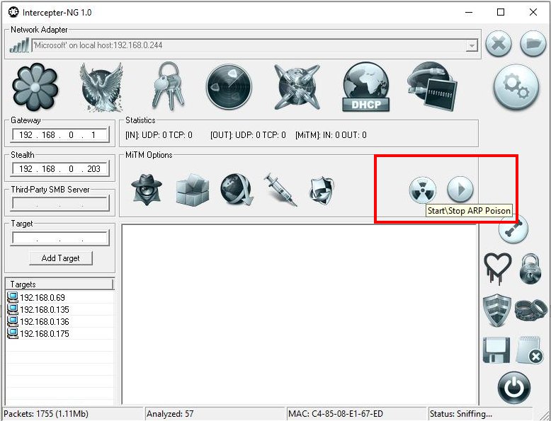 Packet Sniffer για Windows: Υποκλοπή δεδομένων τοπικού δικτύου - Intercepter-NG επιλογή  Arp attack