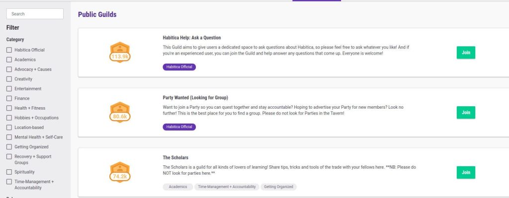 Στο habitica υπάρχουν διάφορα Guilds ομάδες ενδιαφέροντος.