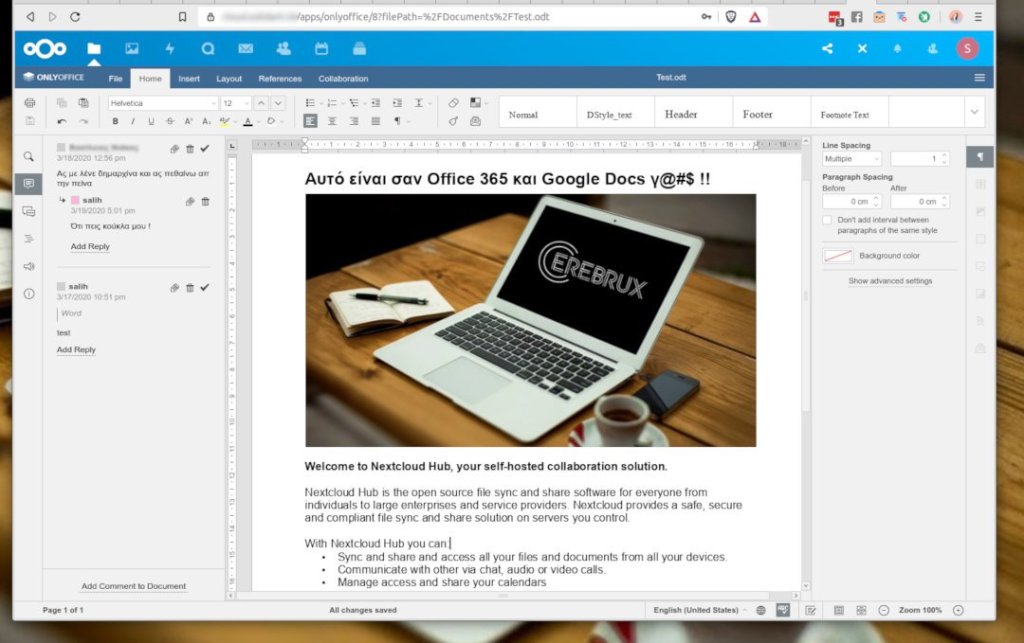 Ανοίξτε ένα αρχείο κειμένου στο Nextcloud και θα φορτώσει αυτόματα το OnlyOffice στον browser σας