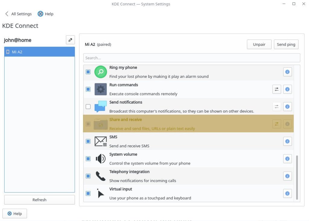 πάμε στο KDE Connect του υπολογιστή μας και στο “Share and Receive”