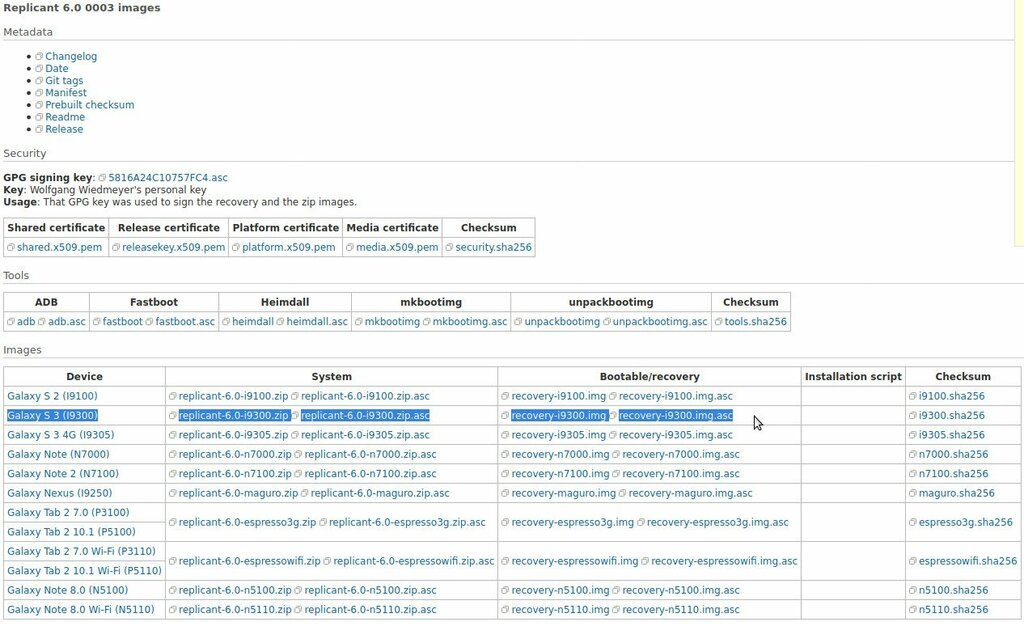 κατεβάστε το Replicant και Recovery αρχείο μαζί με τα img.asc αρχεία τους