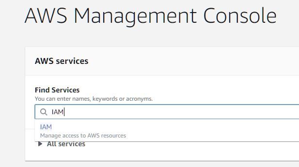 είστε στην AWS console, ψάξτε για “IAM”