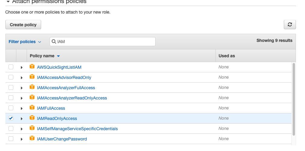 ότι θέλω IAMReadOnlyAccess, οπότε γράφω IAM