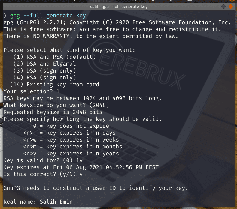 Η --full-generate-key επιλογή δημιουργεί τα κλειδιά σας με μια διαδραστική συνεδρία