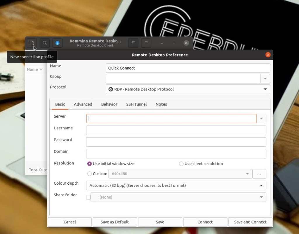 μια νέα σύνδεση σε έναν απομακρυσμένο διακομιστή, πατήστε στο [+]