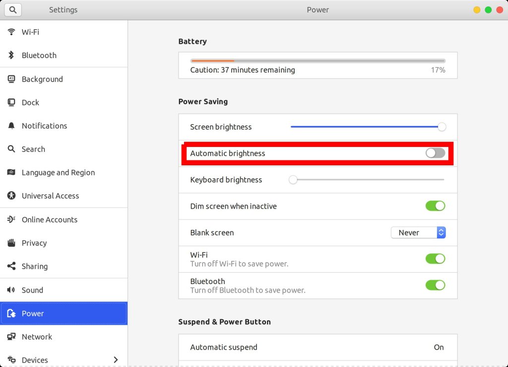 Απενεργοποίηση της αυτόματης φωτεινότητας στο Ubuntu από τις ρυθμίσεις