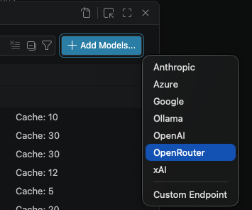 Πατήστε Add models και επιλέξτε το OpenRouter ως πάροχο.