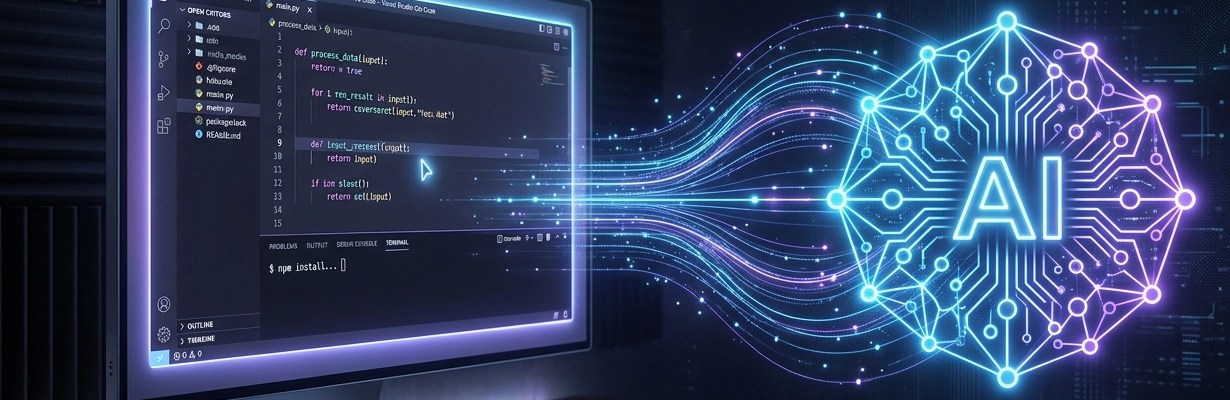 A clean, high-tech, minimalist banner for a tech blog. On a dark background, a glowing modern interface of VS Code on a sleek computer monitor. Subtle neon blue and purple data streams connected to an abstract AI network icon. No human faces, professional developer workspace aesthetic, 16:9 aspect ratio, high resolution, web design style